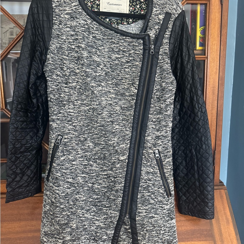 Anthropologie Cartonnier Black Knit and faux leather moto jacket